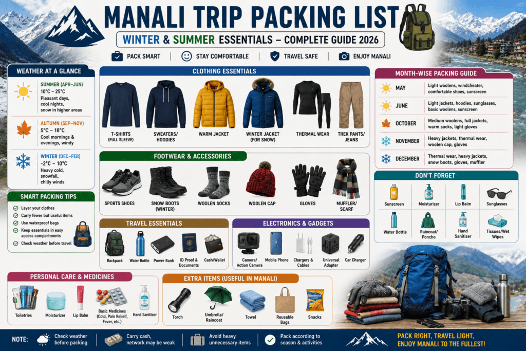 Manali Trip Packing List 2026 – What to Pack for Winter & Summer Trips 1 manali trip packing list, bag packing for manali trip, packing for manali trip, what to pack for a trip to manali, what to pack for manali trip in june, what to pack for manali trip in october, packing list for manali trip, things to pack for manali trip, what to pack for manali trip in november, what to pack for manali trip in december, what to pack for manali trip in may, winter packing for manali, manali winter clothes guide, manali travel essentials,