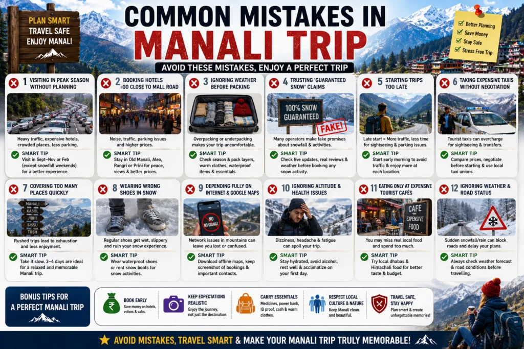 common mistakes in manali trip, manali travel mistakes, things to avoid in manali, first time manali trip tips, mistakes tourists make in manali, manali travel planning guide, what not to do in manali, manali trip problems, manali travel hacks