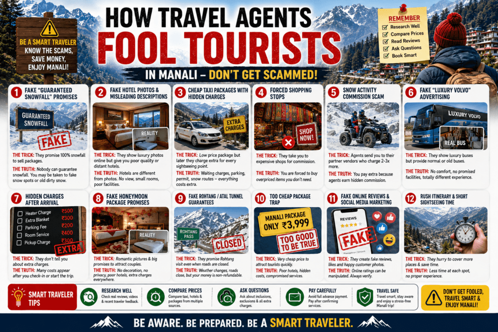 How Travel Agents Fool Tourists in Manali – 2026 Reality Check 1 how travel agents fool tourists in manali, manali travel scams, fake snowfall package in manali, hidden charges in manali tour package, tourist scams in manali 2026, how to avoid scams in manali, fake honeymoon package manali