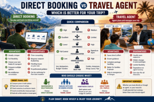 direct booking vs travel agent, travel agent vs self booking, should i book travel directly or through agent, direct booking vs package tour, self planned trip vs travel agency, is direct hotel booking cheaper, benefits of direct booking travel, travel package hidden charges, direct travel booking advantages