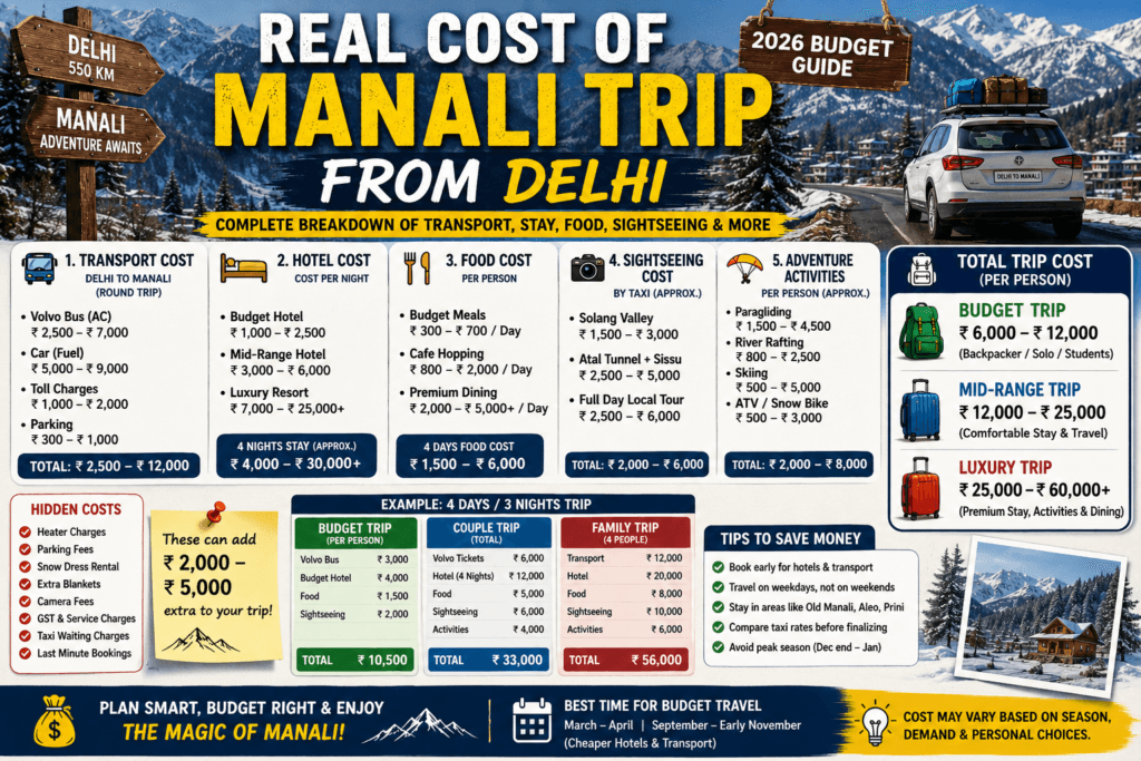 Real Cost of Manali Trip from Delhi (2026 Budget Breakdown) 1 real cost of Manali trip from Delhi, Delhi to Manali trip cost, Manali trip budget from Delhi, Manali travel cost 2026, Delhi to Manali budget trip, Manali trip expenses, Manali trip cost per person, Manali couple trip cost, Manali family trip budget, Delhi to Manali Volvo cost, Manali hotel prices, Manali sightseeing cost, Manali food expenses