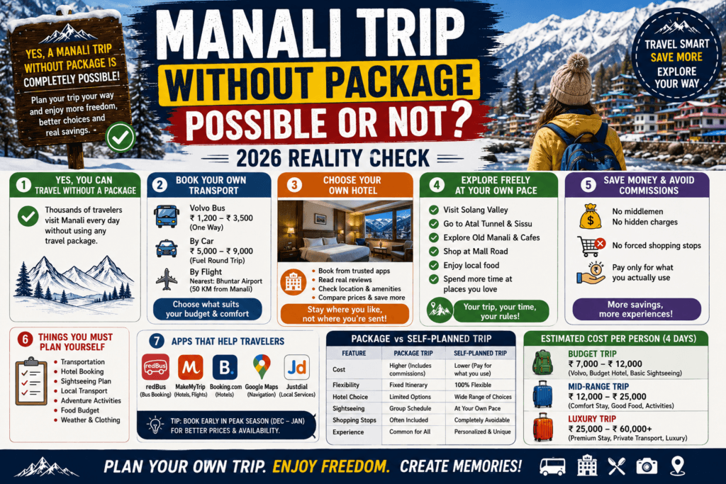 manali trip without package possible or not, can i visit manali without package, self planned manali trip, manali trip without travel agent, independent travel to manali, manali budget trip without package, manali travel guide 2026