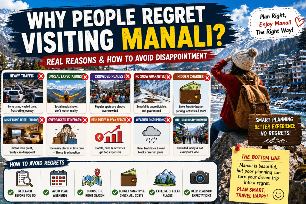 why people regret visiting Manali, reasons people regret visiting Manali, Manali travel regrets, Manali trip disappointment, common mistakes in Manali, Manali travel guide 2026, is Manali worth visiting, Manali tourist mistakes