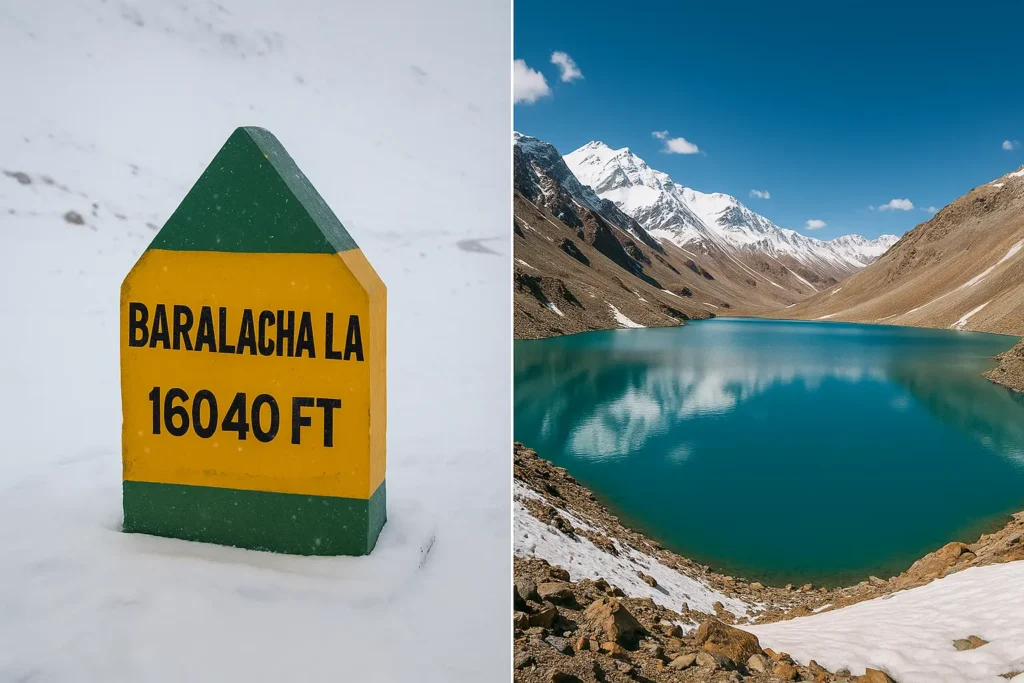Manali to Baralacha Pass distance milestone and Suraj Tal Lake view.