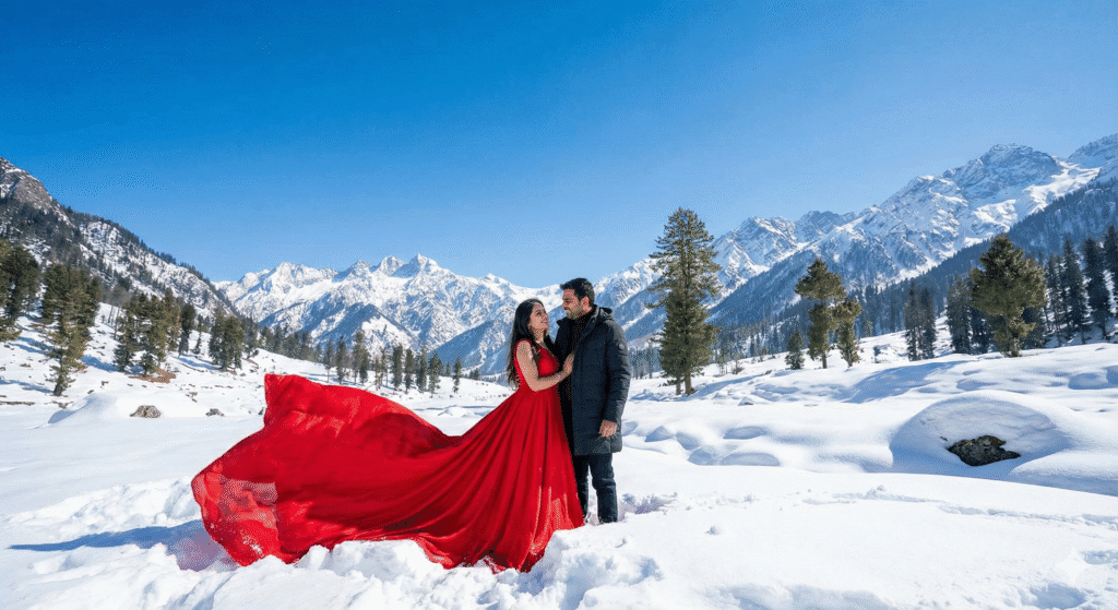 Couple posing for pre wedding shoot in Manali snow at Sethan Valley