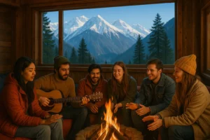 Travelers enjoying the view from one of the best hostels in Manali for backpackers."