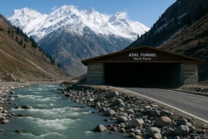 Manali to Koksar Distance by Road via Atal Tunnel with snow mountains