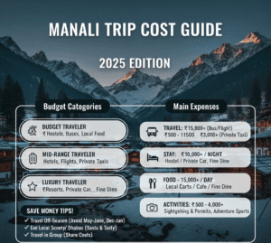 Manali Jane Mein Kitna Kharch Aata Hai? Manali Trip Cost Guide 2025 Infographic showing budget categories (Budget, Mid-Range, Luxury) with estimated costs, main expenses (Travel, Stay, Food, Activities), and money-saving tips for Manali travel.